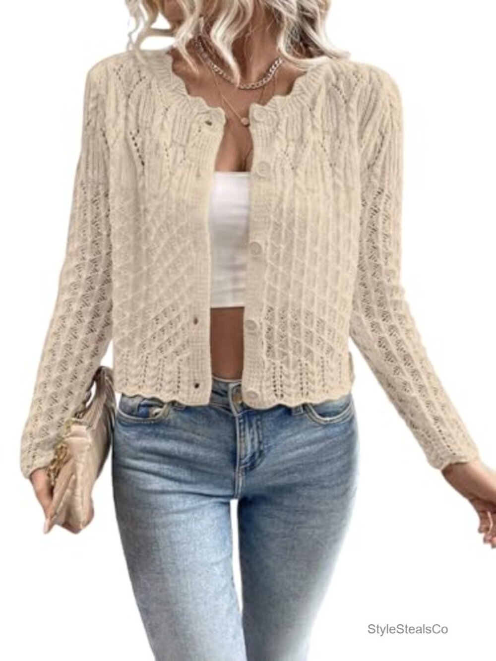 Hollow Out Knit Cardigan Sweaters Scalloped Crewneck Cropped